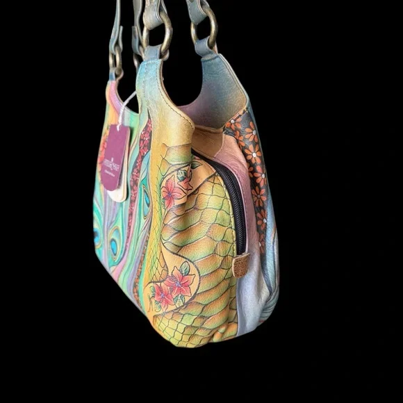 Anuschka Pastel Peacock Shoulder Bag multi pocket with 2 attached pouches NEW - Picture 4 of 11